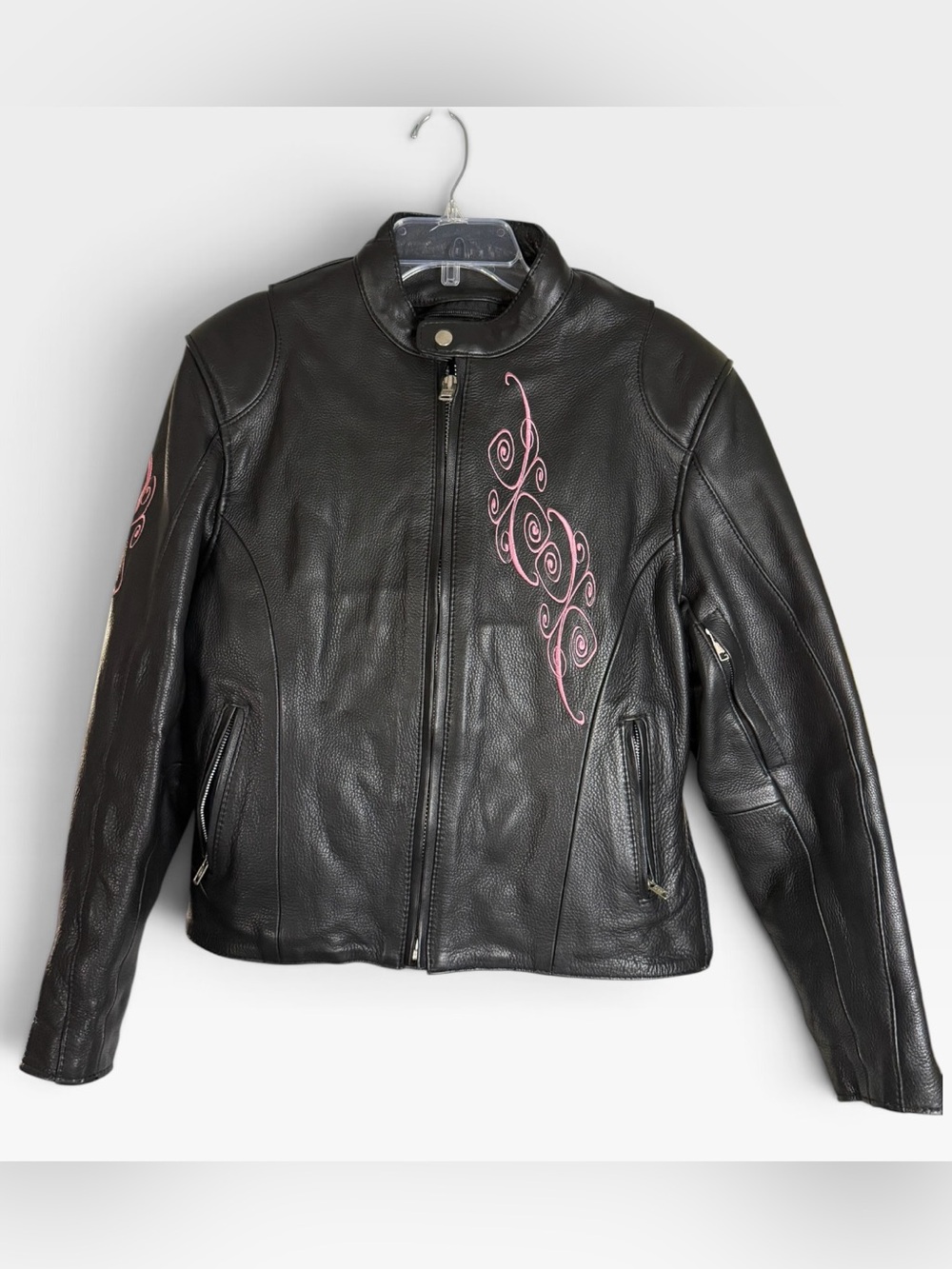 Black Leather Women's Motorcycle Jacket with Pink Embroidery Size XL PTP 20”